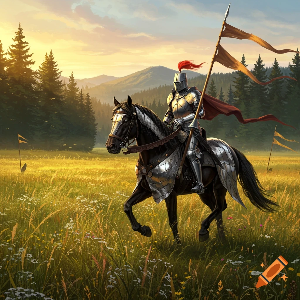 A knight in shining armor on a black horse rides through a golden field with mountains and pine trees at sunset.