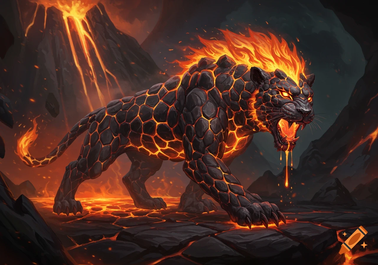 A formidable fantasy creature, a jaguar made of glowing obsidian and molten lava, with a fiery mane, in a volcanic landscape.