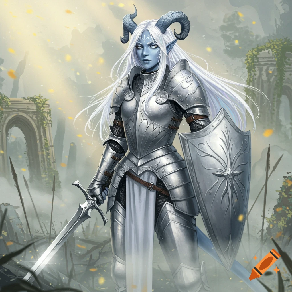 A light blue female tiefling with long white hair in full silver knight armor holds a sword and shield in a misty, ruined landscape.