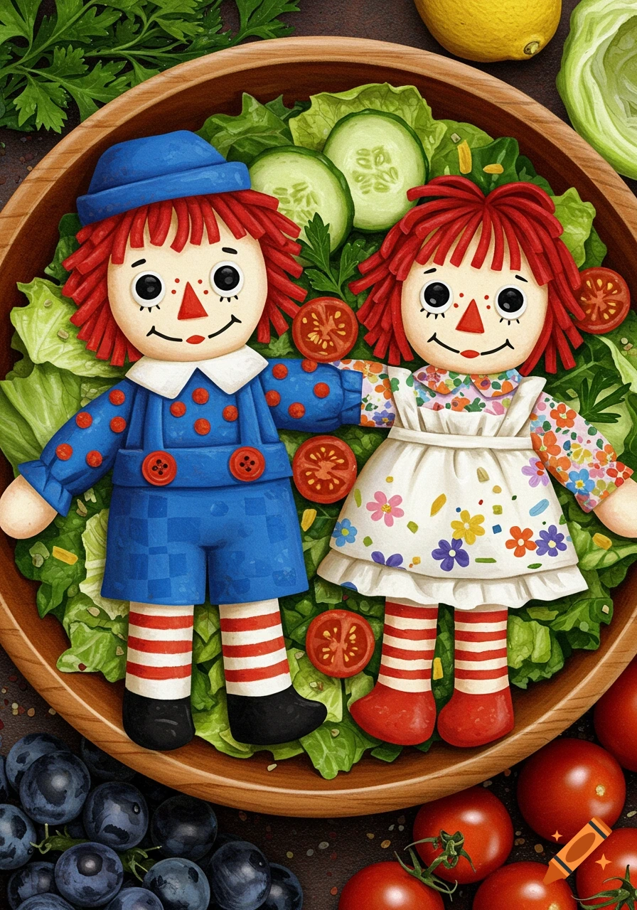 Raggedy Ann and Andy dolls made of food lying in a wooden salad bowl with lettuce, cucumbers, and tomatoes. Grapes and lemons visible.