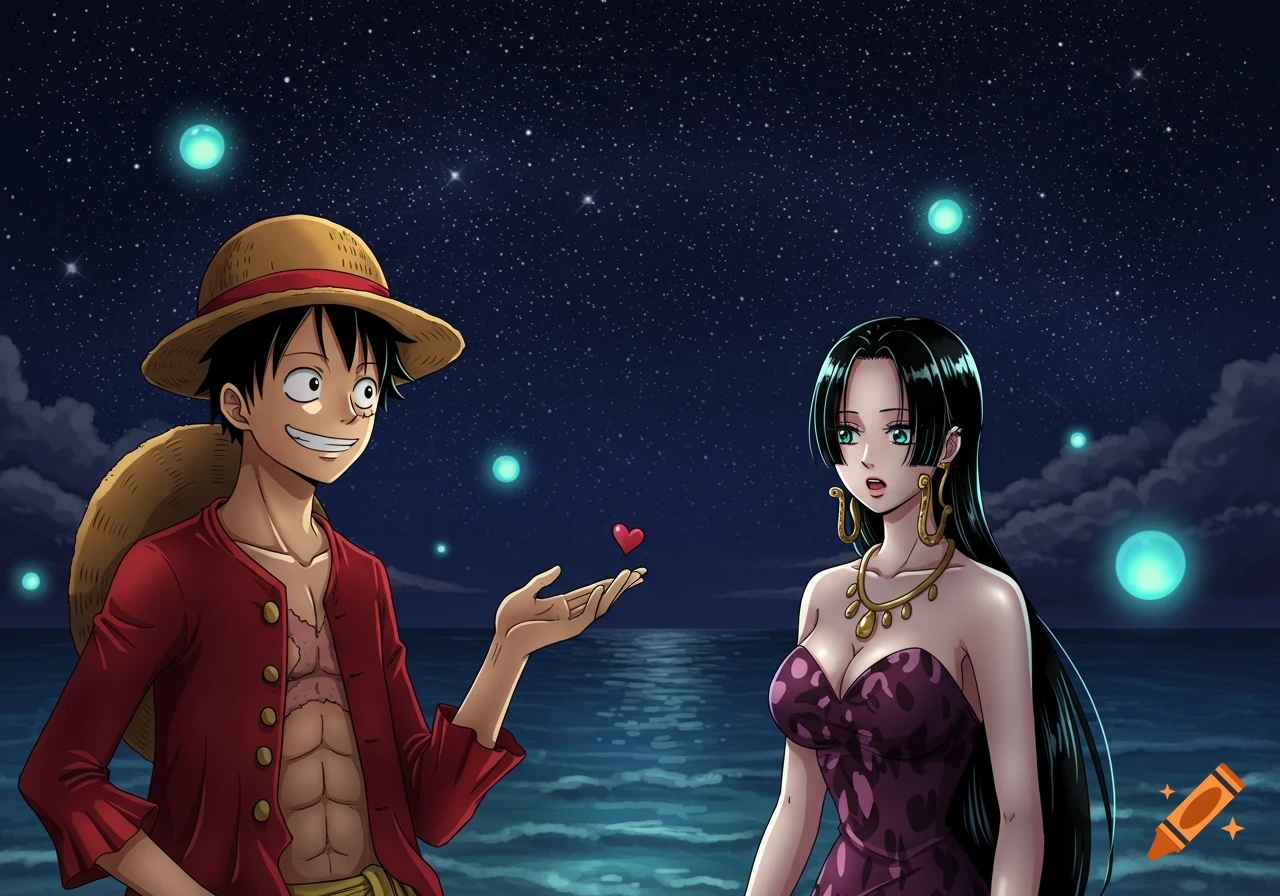 Luffy offers a small red heart to Hancock under a starlit night sky with a calm ocean in anime style.