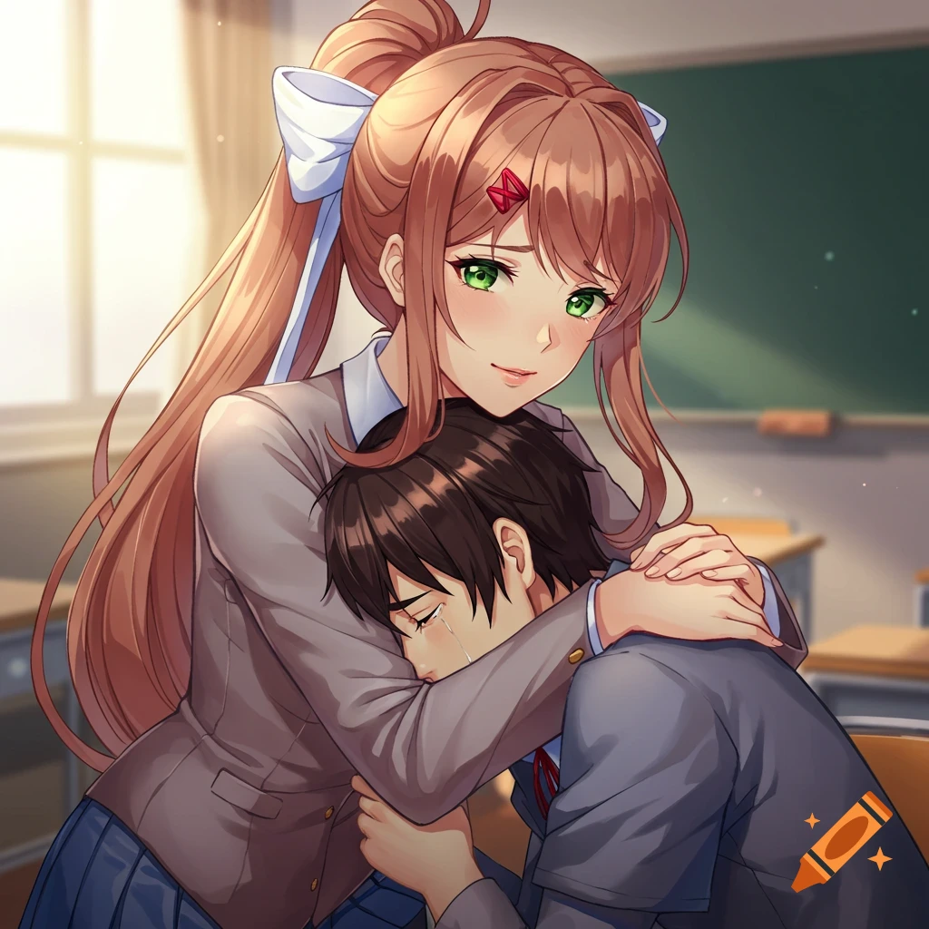 Anime girl Monika hugging a crying boy in a classroom, offering comfort.