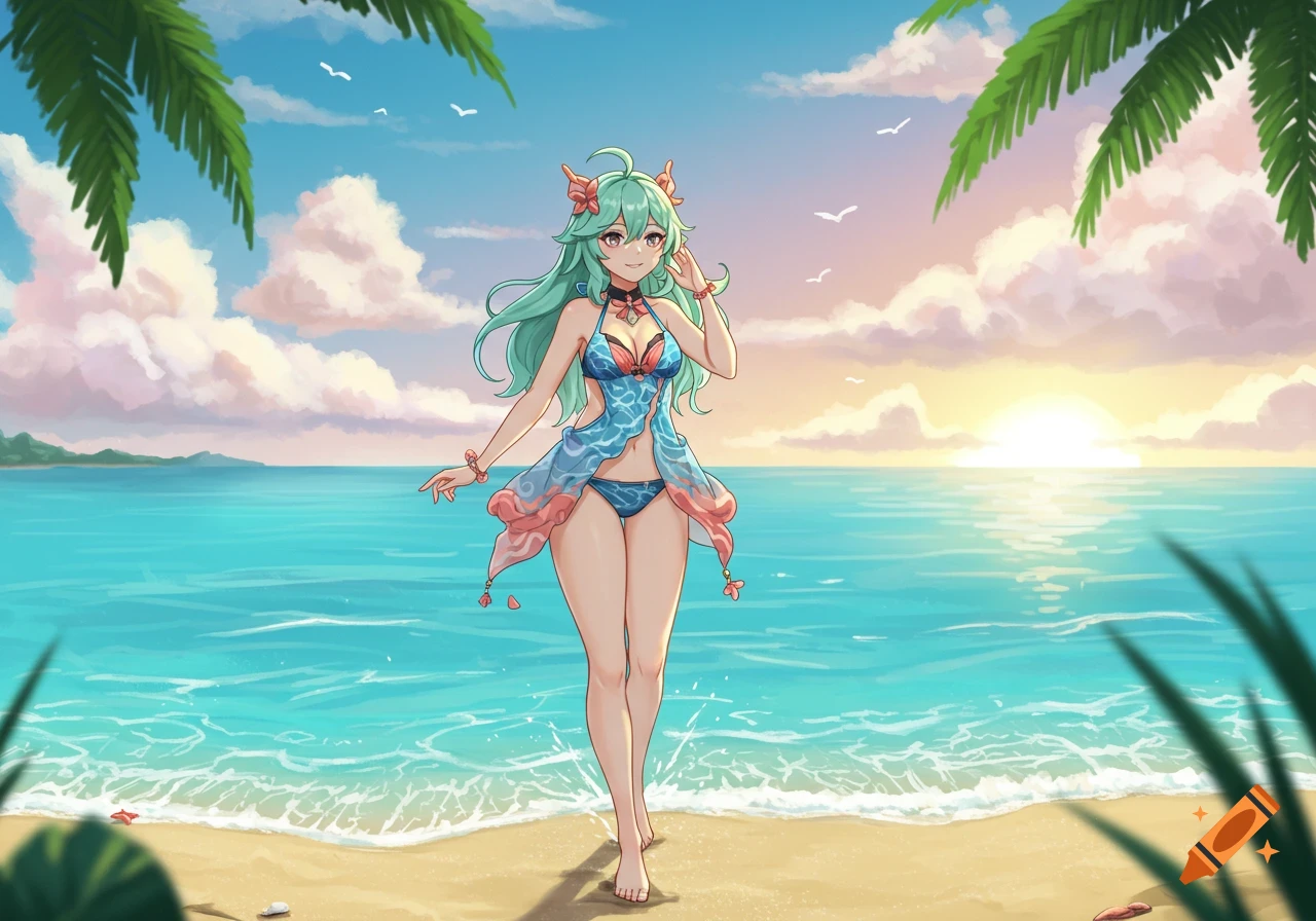 An anime character with mint green hair in a blue and pink swimsuit walks on a sandy beach at sunset, with palm fronds overhead.