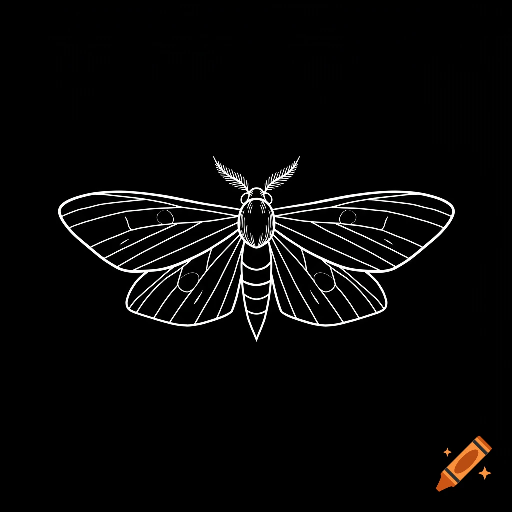 A white line art illustration of a moth with detailed wings and antennae on a black background, in a horror-inspired style.