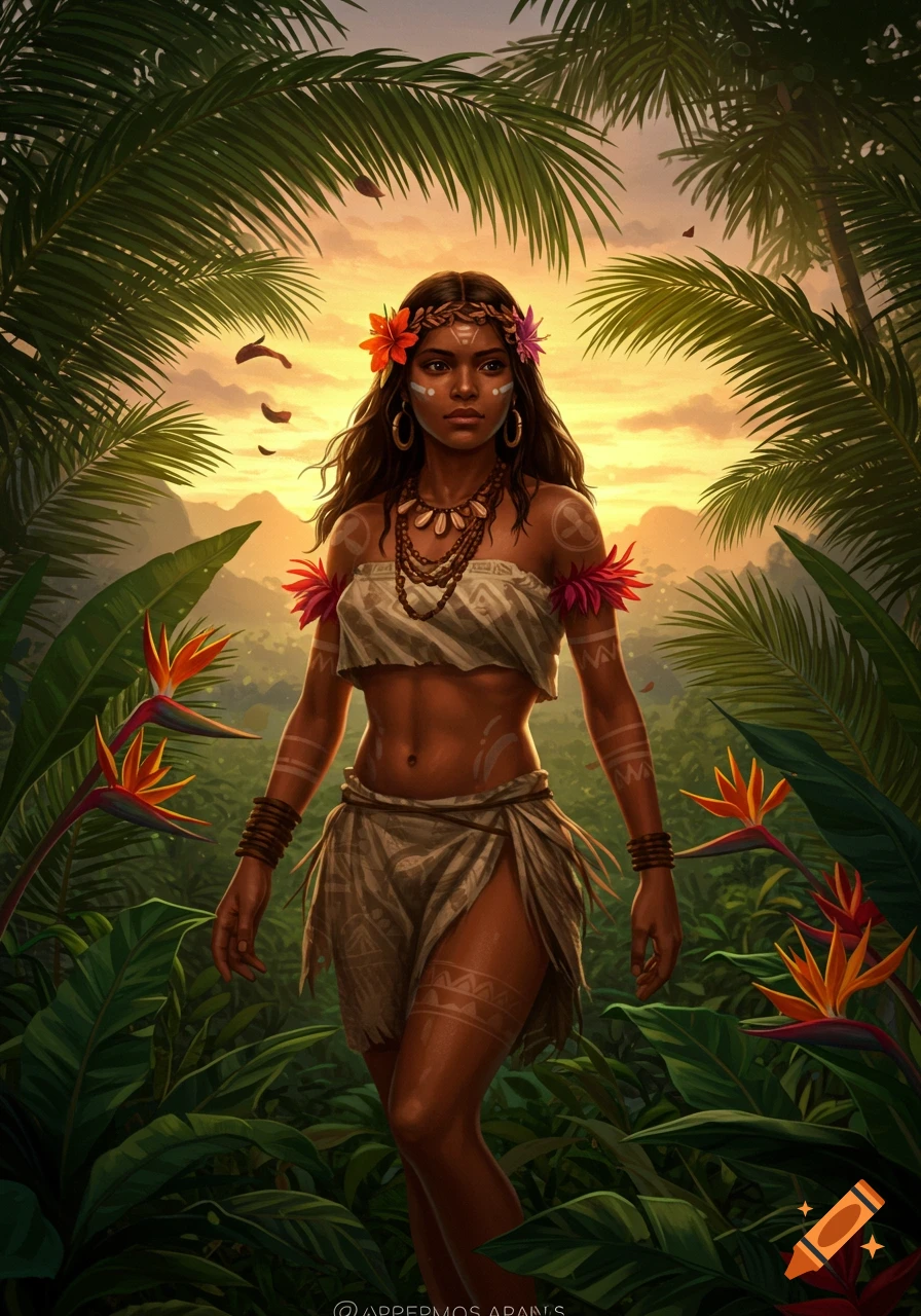 A Taino Arawak woman in traditional dress with flowers in her hair stands in a vibrant tropical jungle at sunset, rendered in an artistic style.