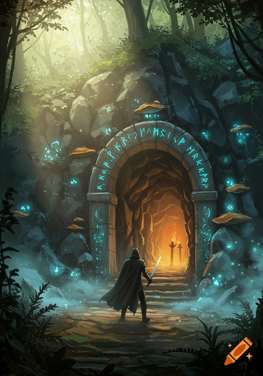 A cloaked figure with a sword stands before a glowing runic archway entrance to a magical, torch-lit cave in a misty forest. Digital art.