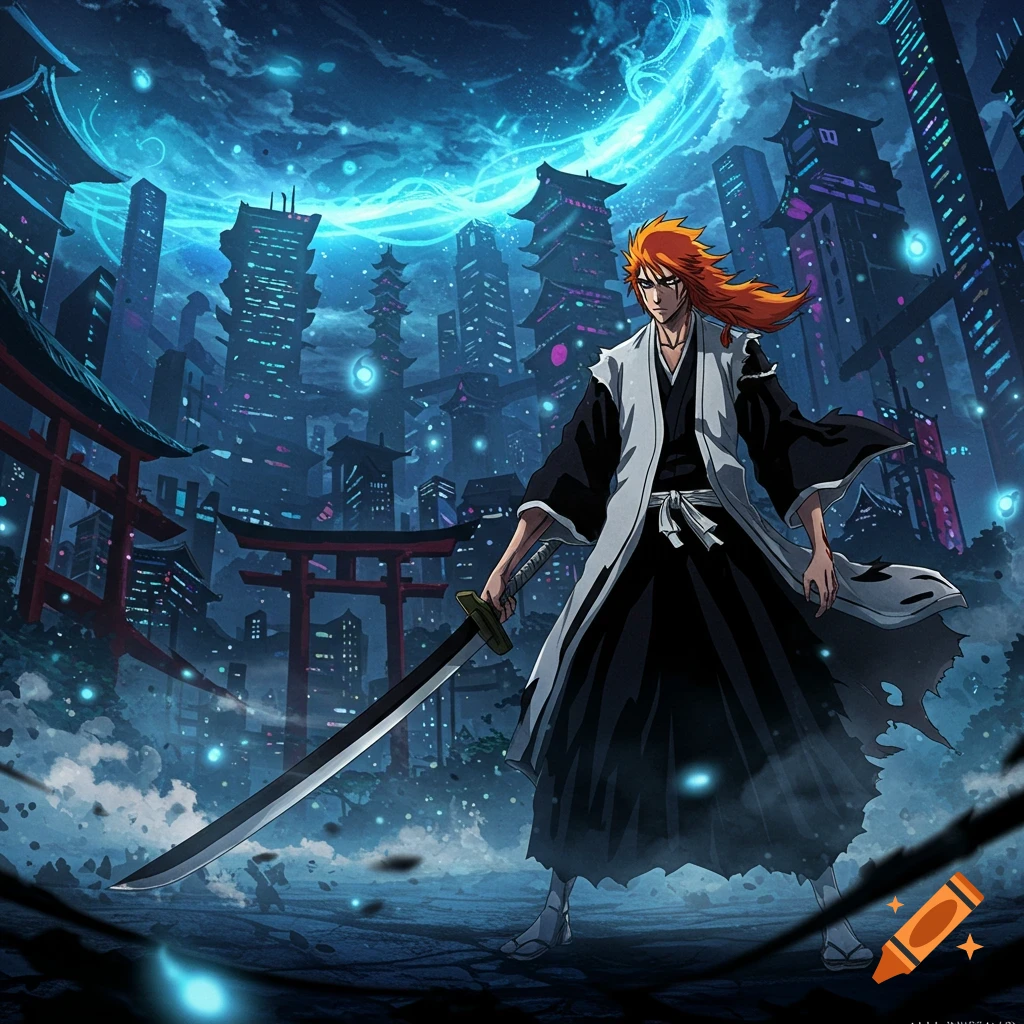 An anime character with orange hair and a large sword stands in a glowing neon cyberpunk city with traditional Japanese gates.