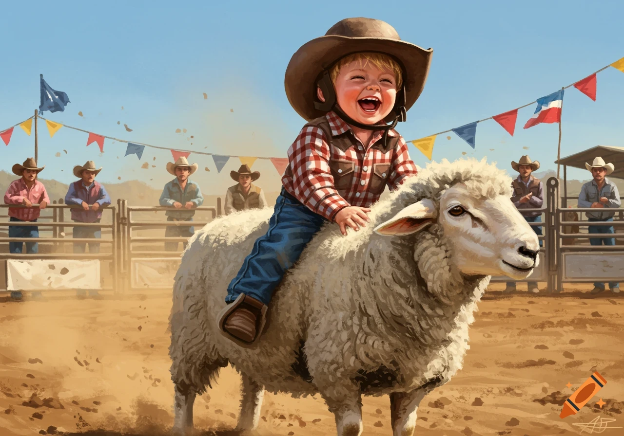 A happy little boy in a cowboy hat rides a fluffy sheep in a dusty rodeo arena with cowboys watching, painted style.