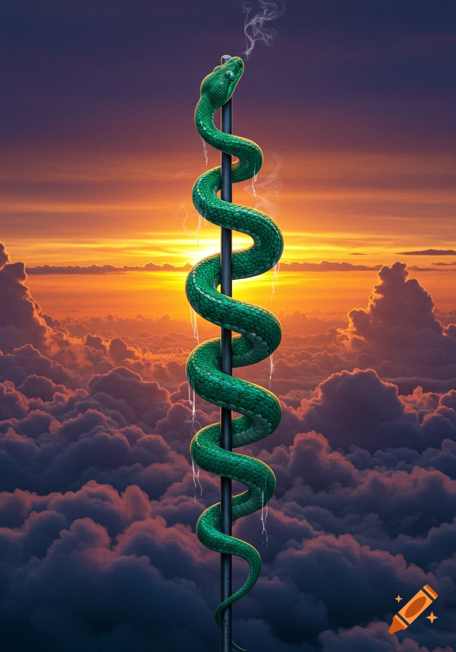 A vibrant green snake coils around a pole against a dramatic orange and purple sunset sky filled with clouds.
