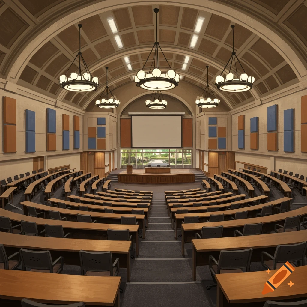 A large, empty lecture hall with curved rows of wooden desks and chairs, a stage, and a projection screen.