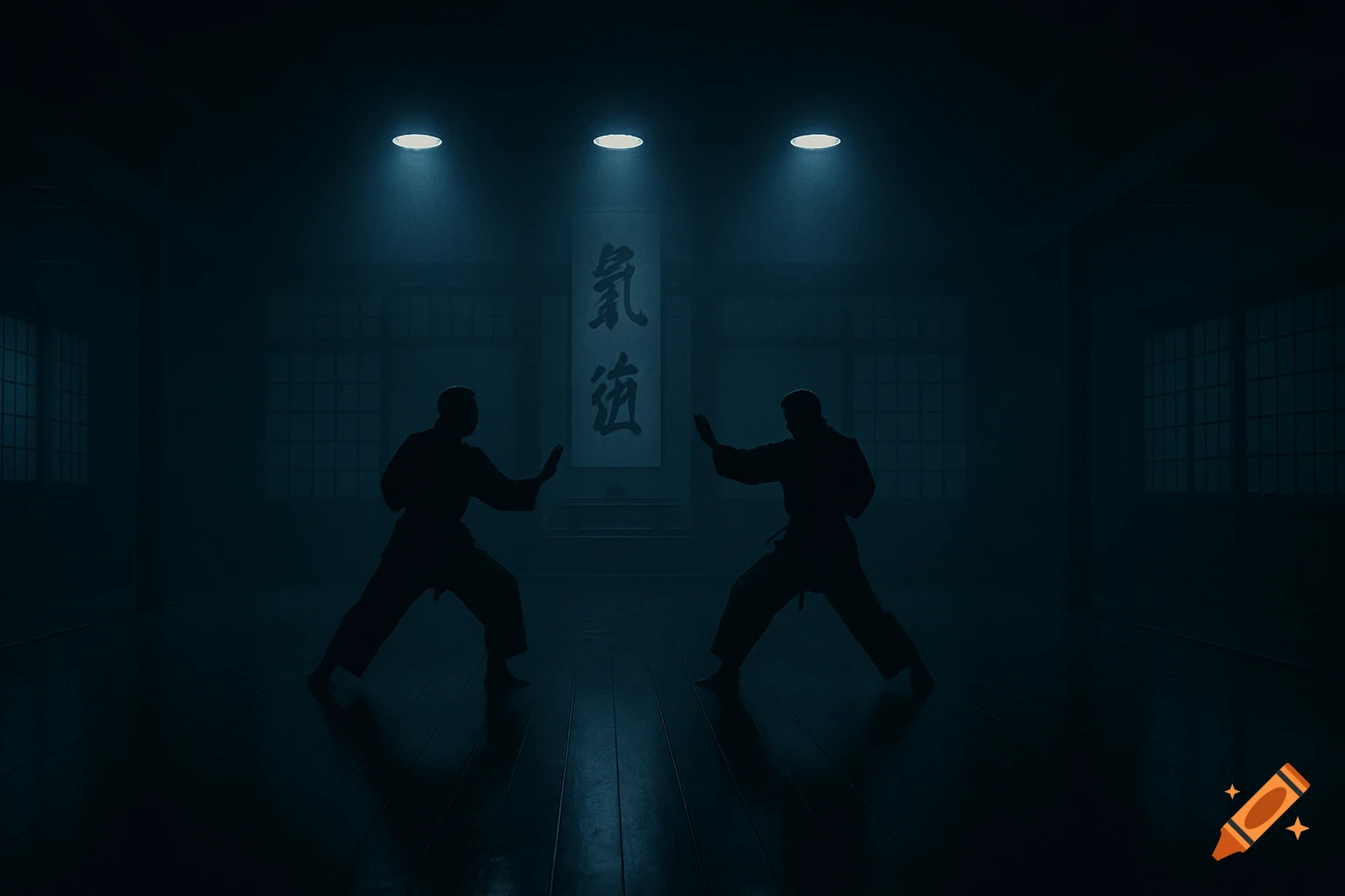 Two martial artists in silhouette spar in a dark, spotlight-lit dojo with a Japanese banner, cinematic style.