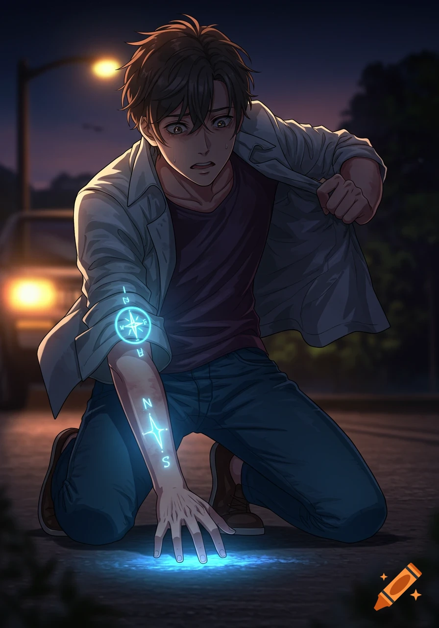 An anime-style illustration of a distressed young man kneeling in a street at night, with glowing blue compass marks and letters on his arm, and a glowing light on the ground.