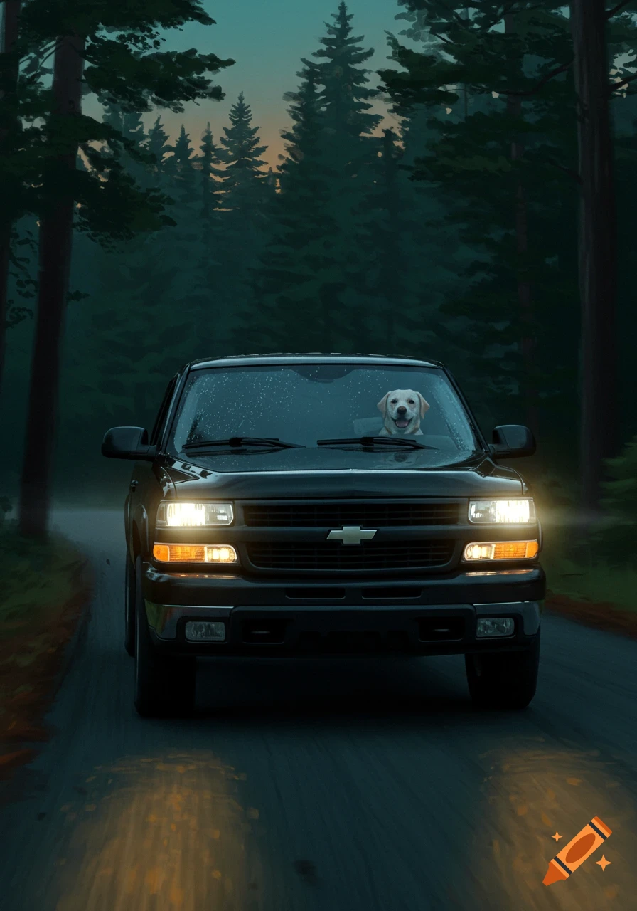 A yellow Labrador Retriever sits in the driver's seat of a black truck, headlights on, driving through a dark forest at dusk. Illustrated style.