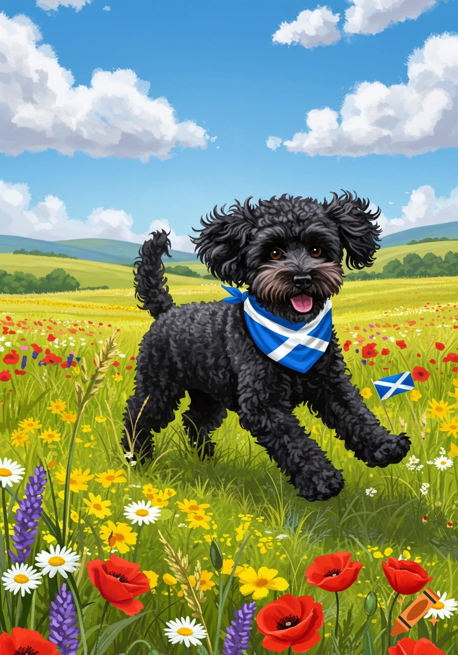 An illustrated black cockapoo runs through a field of colorful wildflowers, wearing a Scottish flag bandana, under a blue sky.