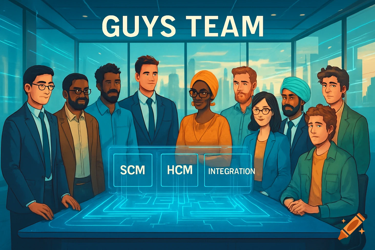 Illustration of a diverse business team in an office with a holographic table displaying 'SCM', 'HCM', 'INTEGRATION' and 'GUYS TEAM' text.