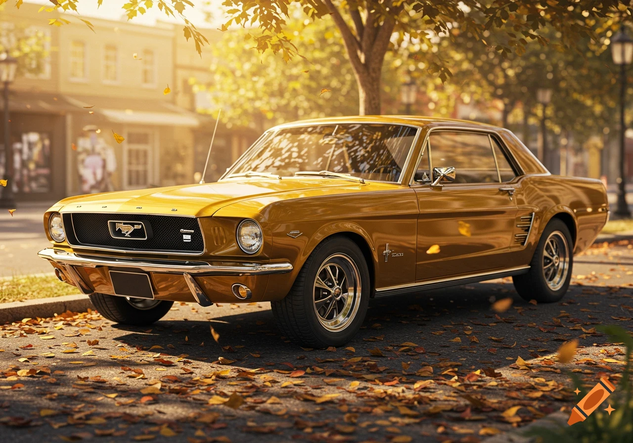 A glossy gold vintage 1967 Ford Mustang parked on an autumn street with falling leaves under sunlight.