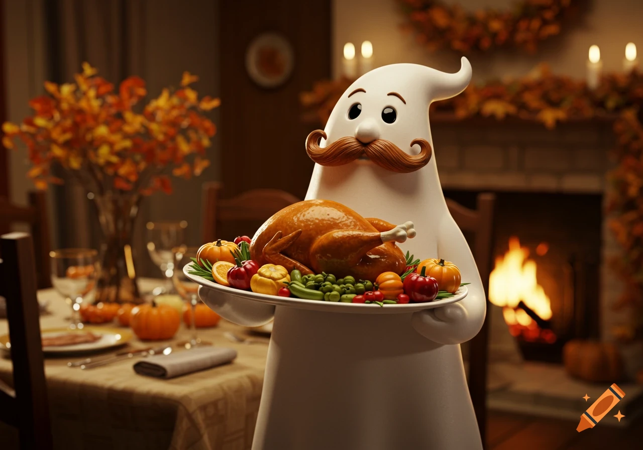A friendly ceramic ghost with a mustache holds a Thanksgiving turkey platter at a festive dinner table with a fireplace.