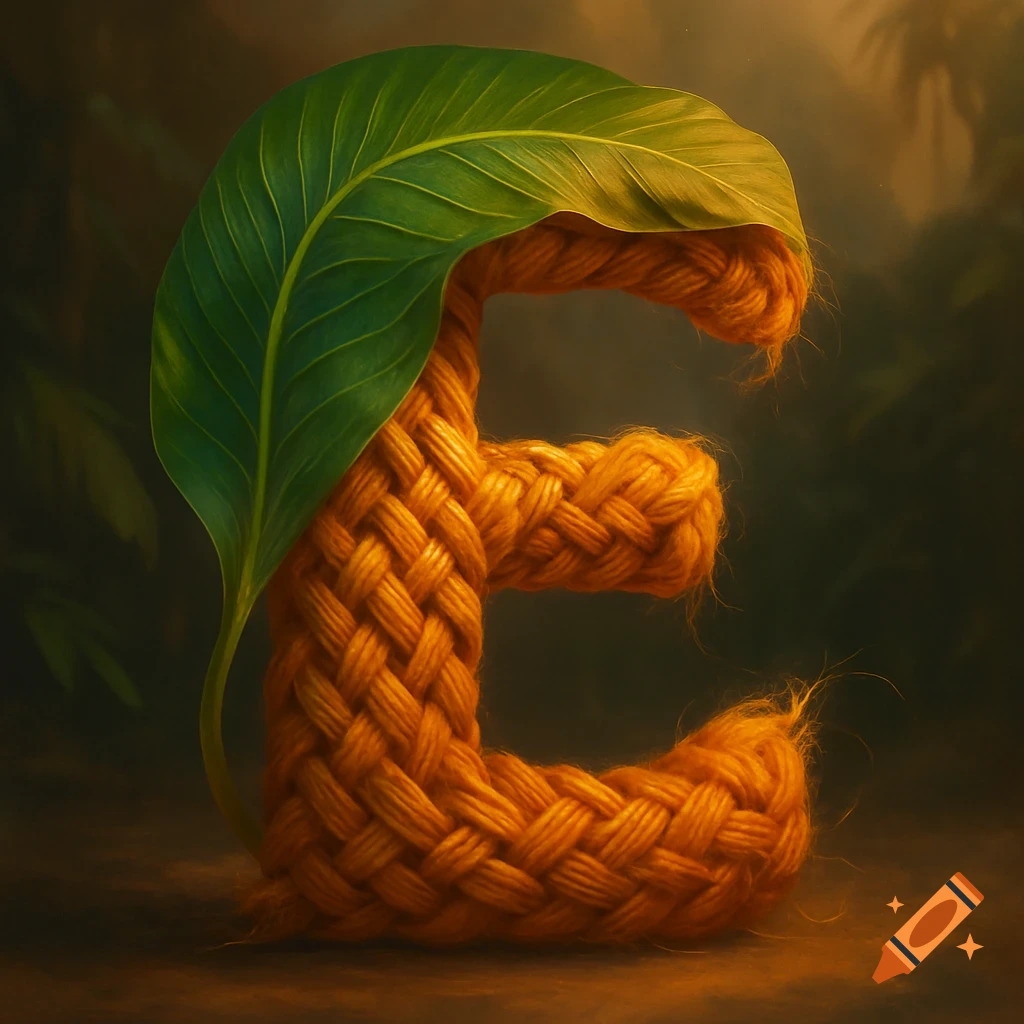 A vibrant orange woven fabric letter 'E' with a large green banana leaf draped over its top, set in a soft, dark jungle background.