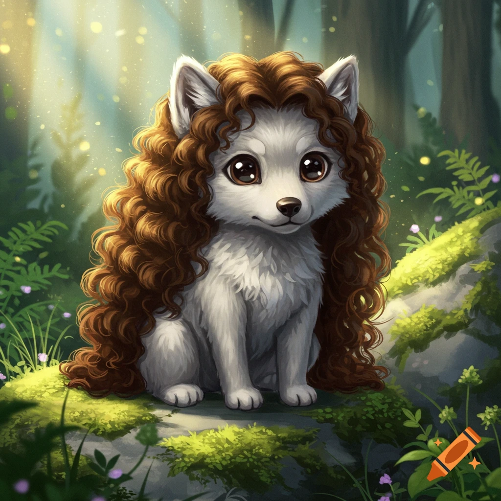 A cute grey wolf with long, curly brown human hair sits in a magical forest, in a cartoon illustration style.