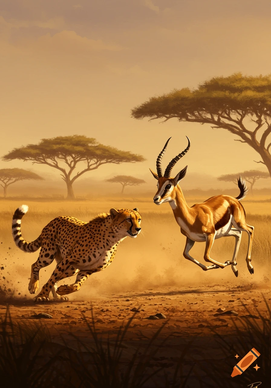 A dynamic painting of a cheetah chasing a gazelle across a dusty savanna with acacia trees at sunset.