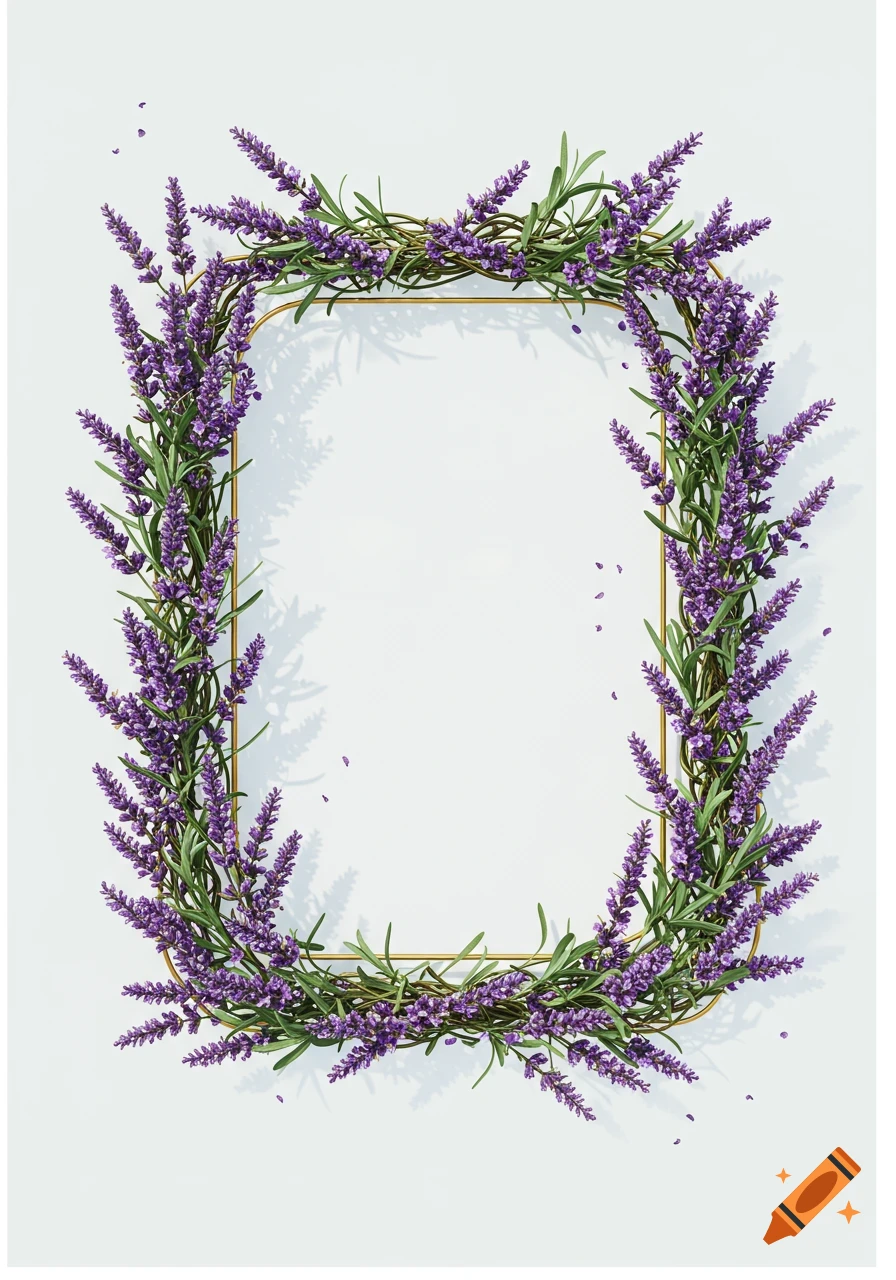 Rectangular gold frame adorned with vibrant purple lavender flowers and green leaves on a white background.