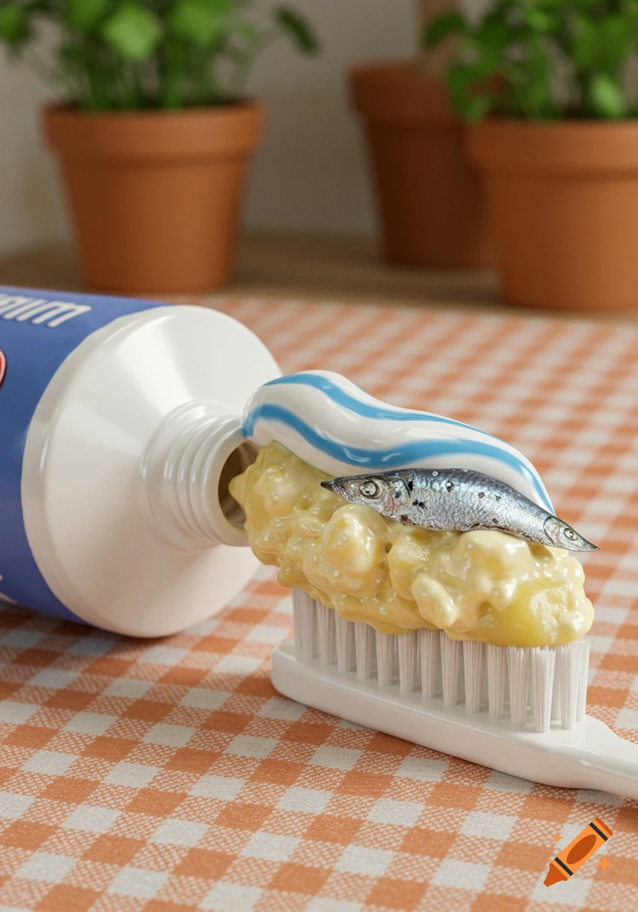 A toothbrush loaded with chunky potato salad, a sardine, and a stripe of blue and white toothpaste, on a checkered tablecloth.