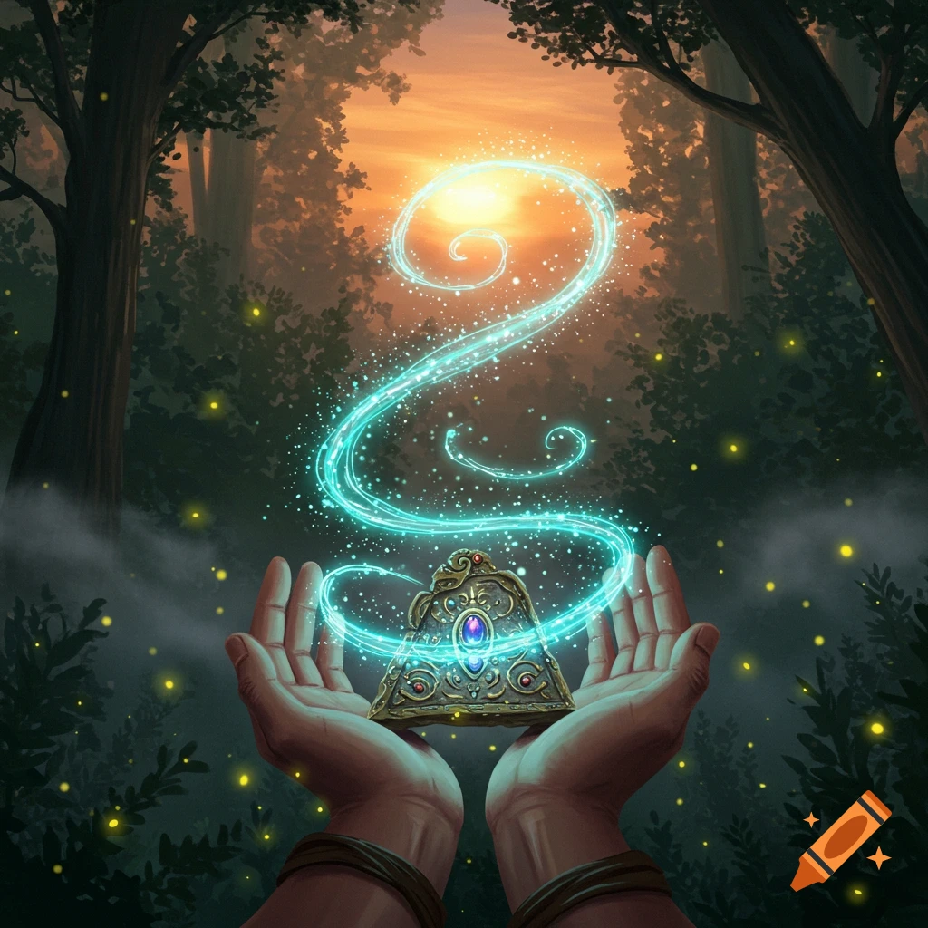 Two hands hold a glowing, ornate magical artifact in a mystical forest at sunset, with swirling blue energy and fireflies.