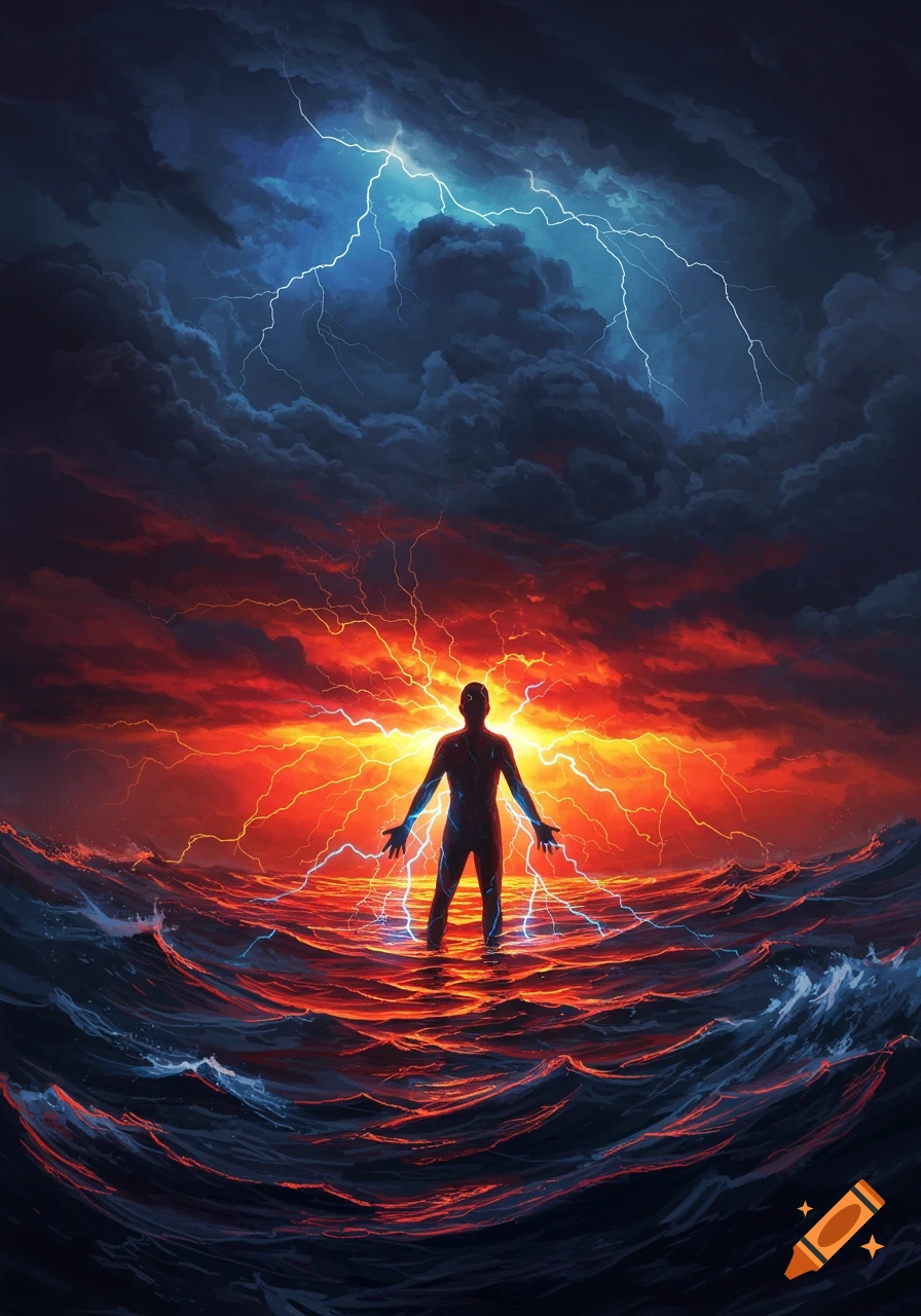Silhouetted figure stands in stormy, glowing water, emitting lightning, under a dark, lightning-filled sky in dramatic digital art style.