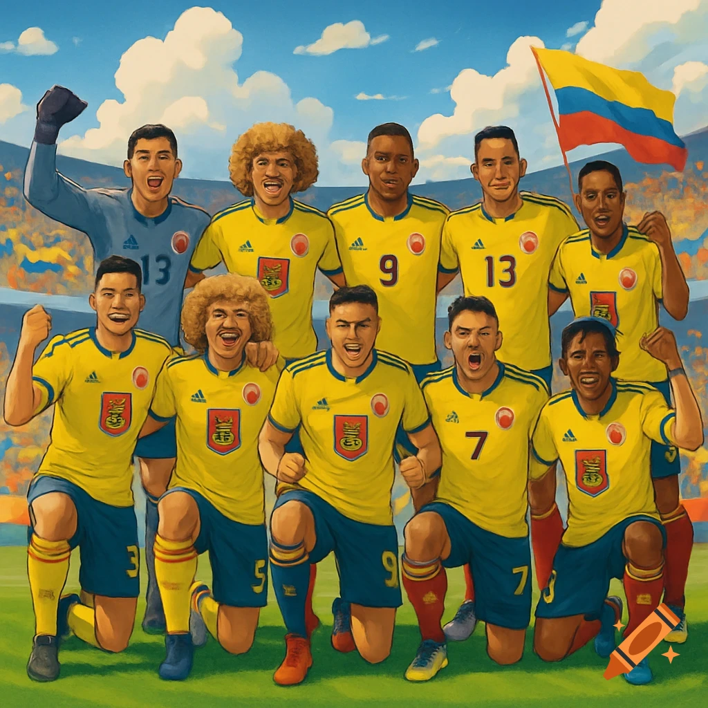 An illustration of the Colombian soccer team in yellow jerseys and blue shorts, with some players kneeling and others standing, on a field in a stadium.