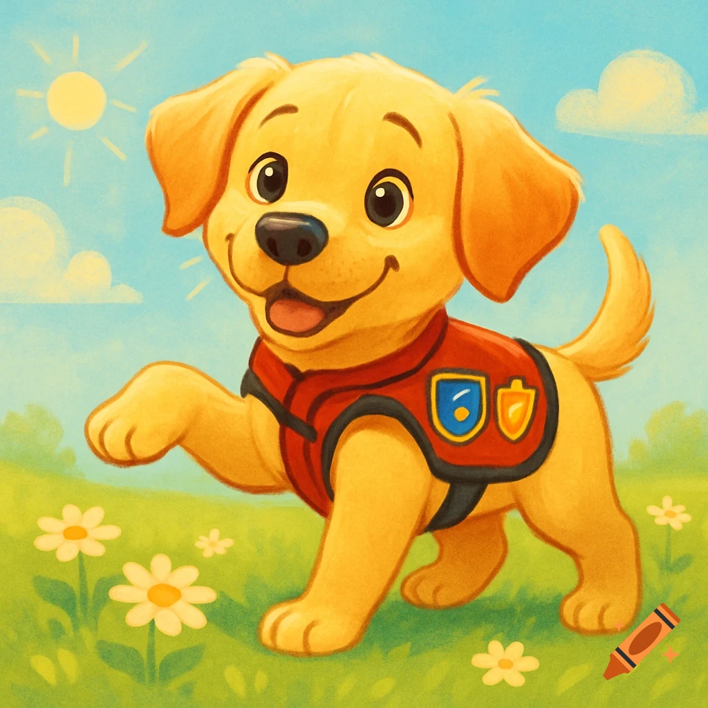 A cute cartoon yellow Labrador puppy wearing a red service dog vest stands in a sunny green field with flowers.
