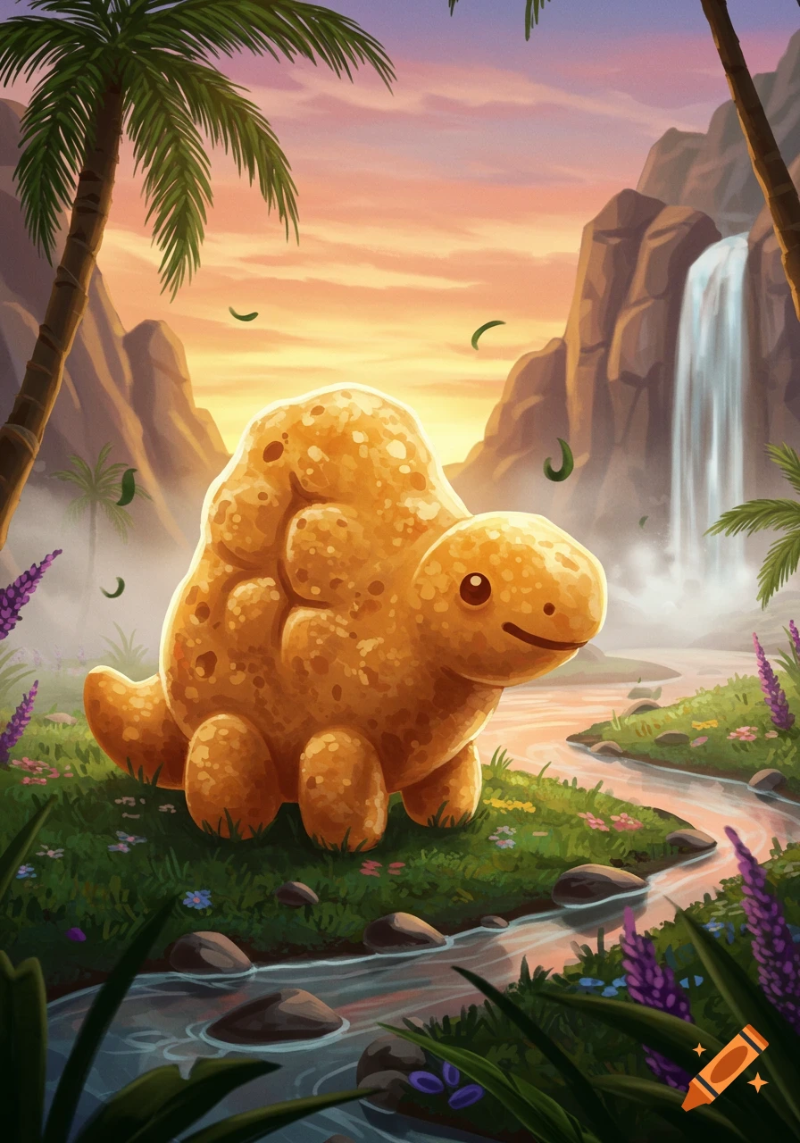 A cute, smiling dinosaur chicken nugget stands by a river in a lush jungle with a waterfall and palm trees under a sunset sky, in a cartoon art style.