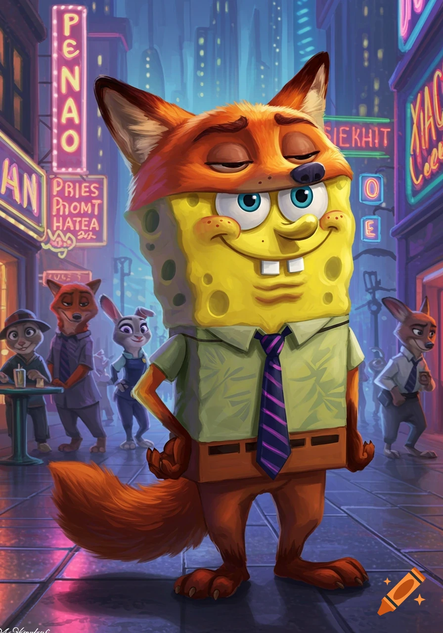 Spongebob Squarepants dressed as Nick Wilde from Zootopia, standing on a city street at night with neon signs, with other Zootopia characters in the background.