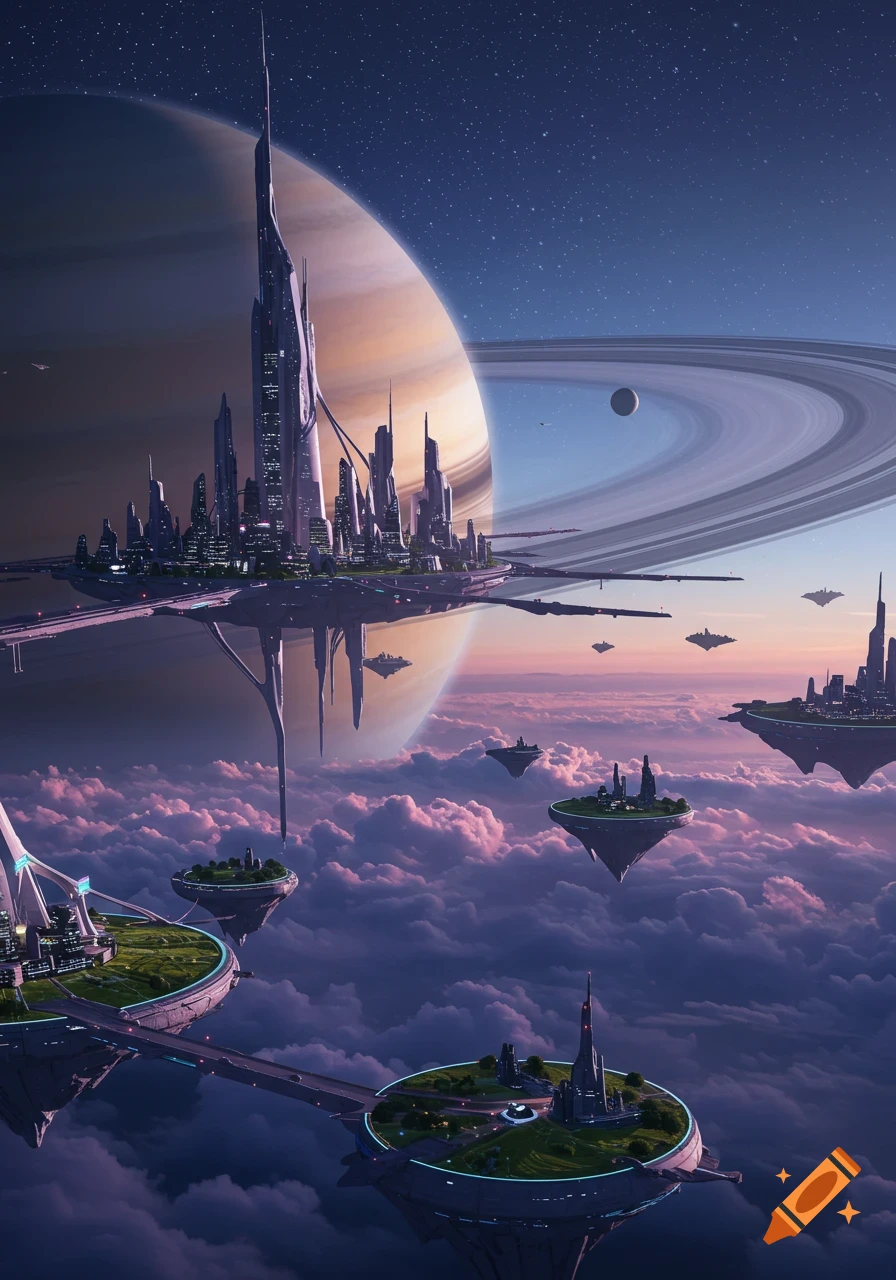 Futuristic cityscape with soaring skyscrapers floating above pink and purple clouds, with a giant ringed planet and stars in the background.
