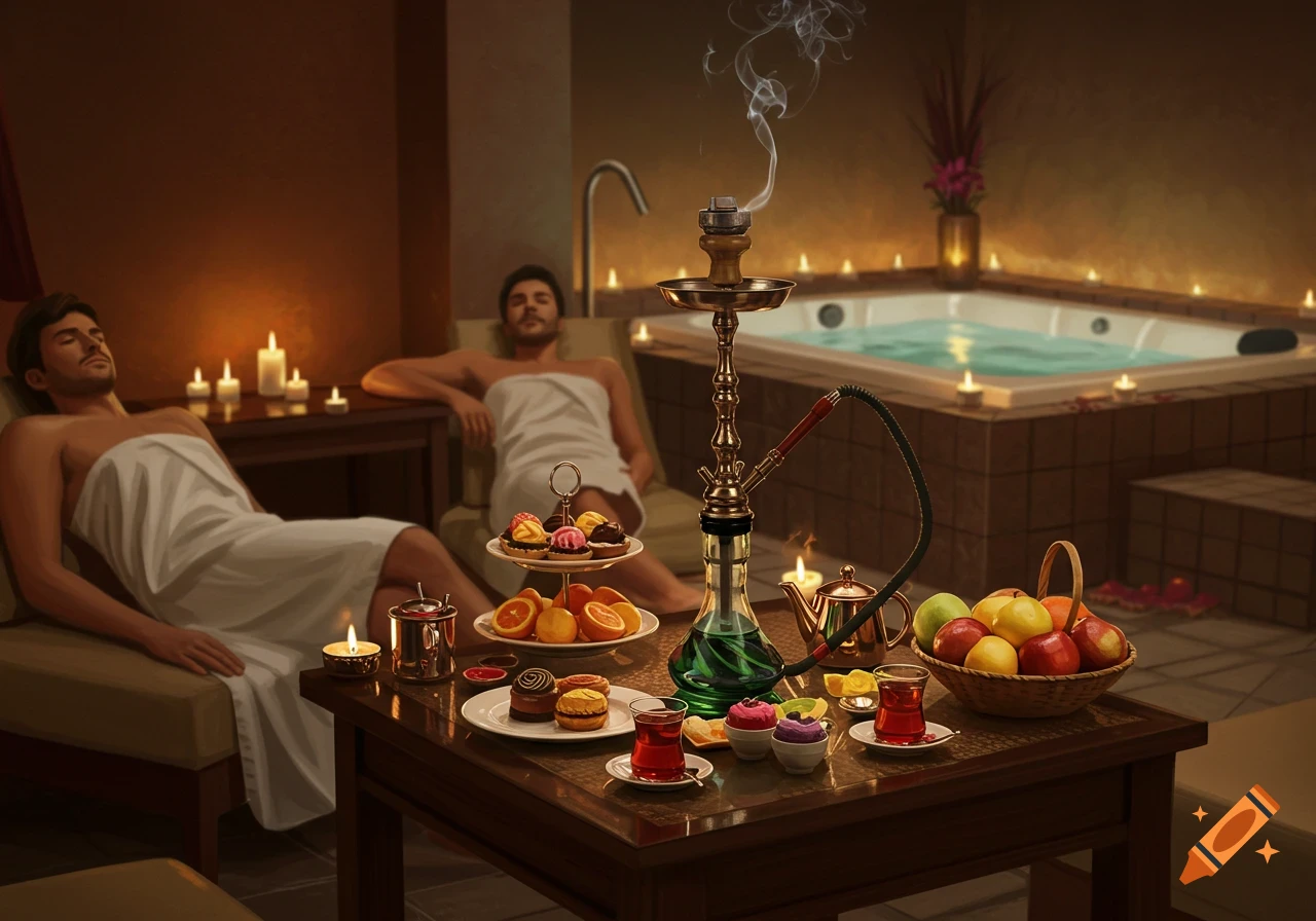 Men in towels at a dimly lit spa with a hookah, tea, sweets, fruits, and a jacuzzi. Illustrative.