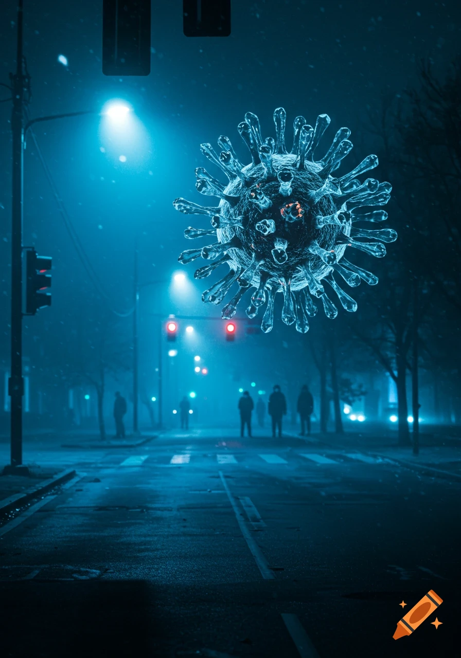 A large, translucent coronavirus particle floats over a dark, misty city street at night with blurred figures and blue streetlights.