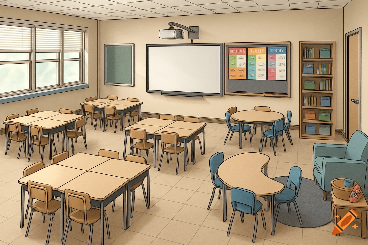 An empty, brightly lit cartoon classroom with numerous tables and chairs, a whiteboard, projector, windows, and bookshelves.