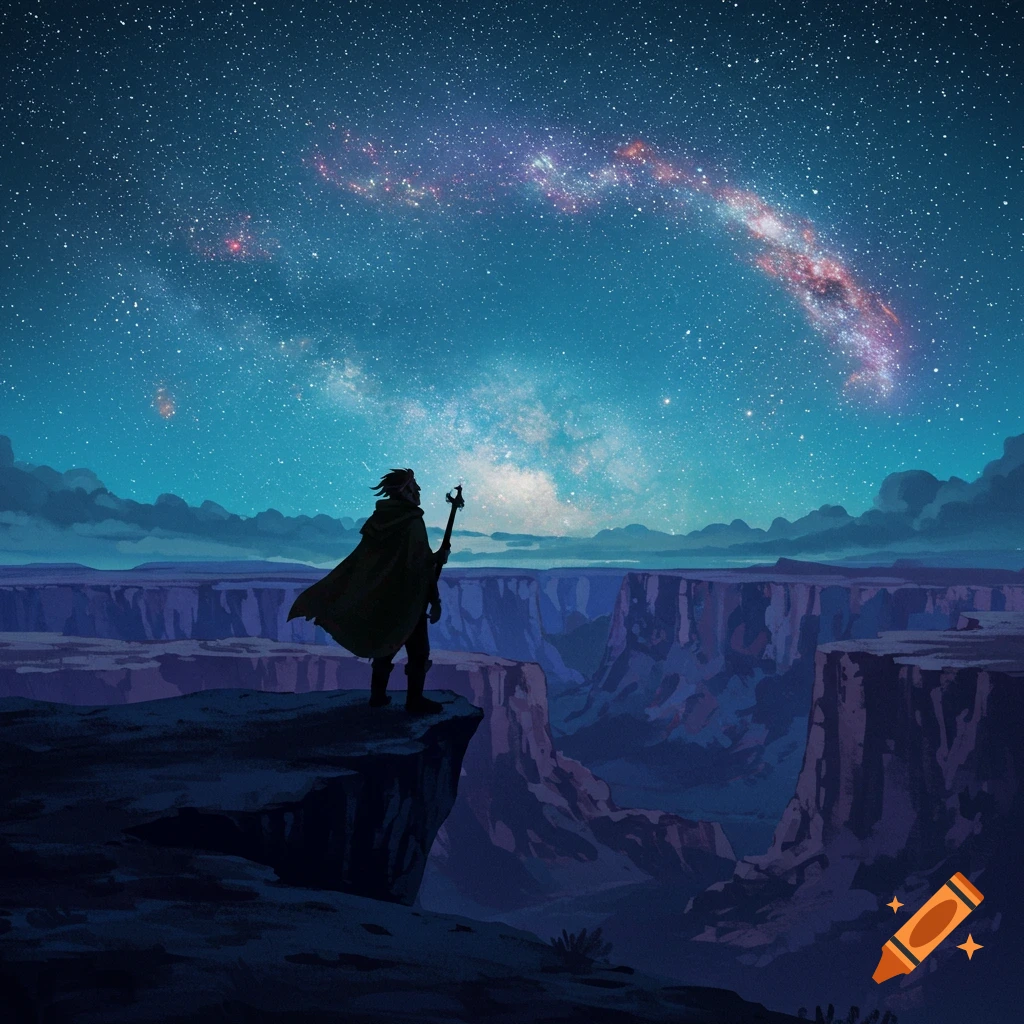 A cloaked figure on a cliff edge overlooks a grand canyon under a vibrant, starry night sky with a swirling galaxy, stylized illustration.