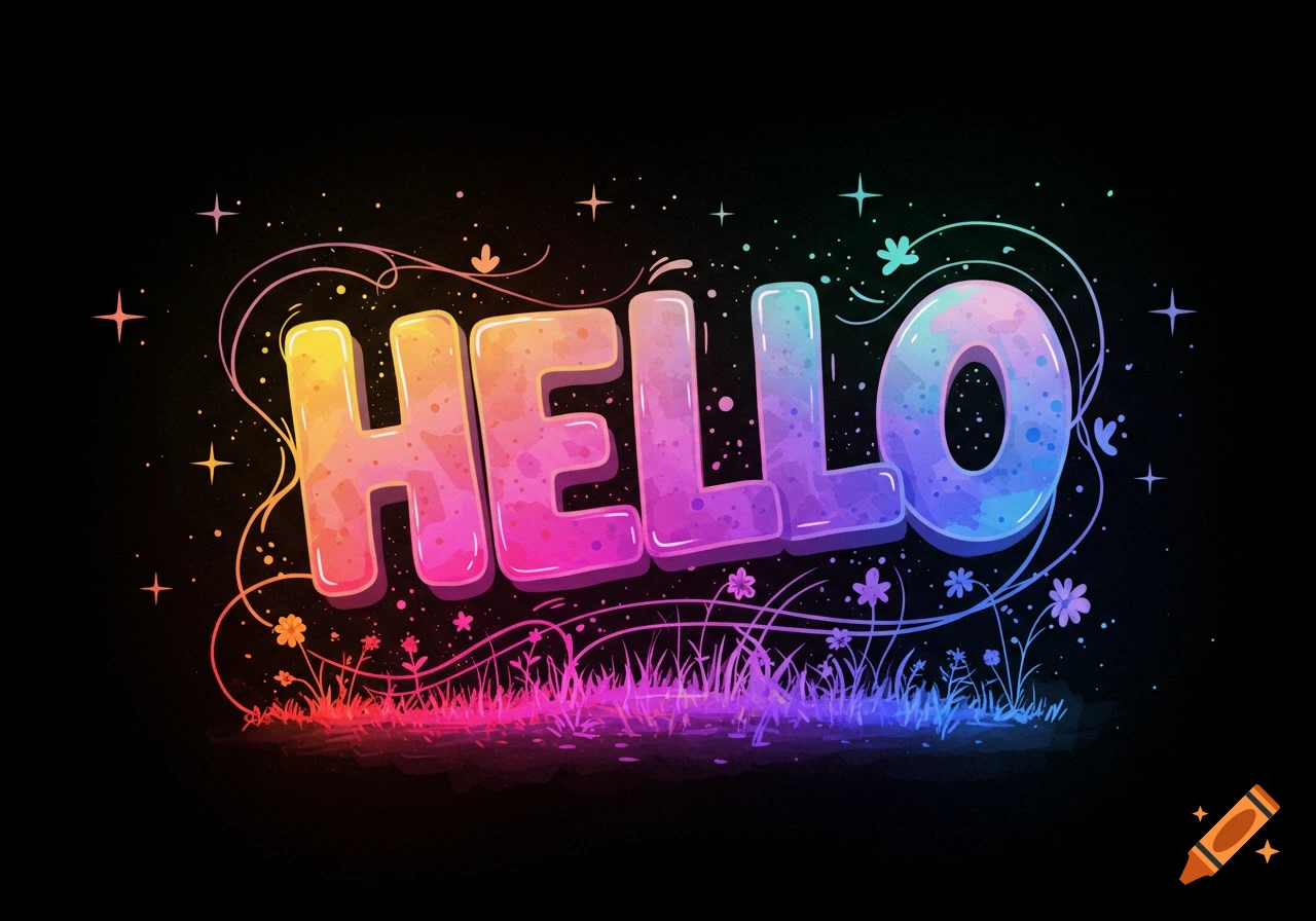Colorful, whimsical 3D text 'HELLO' with a watercolor texture, sparkling stars, and rainbow-colored grass on a black background.
