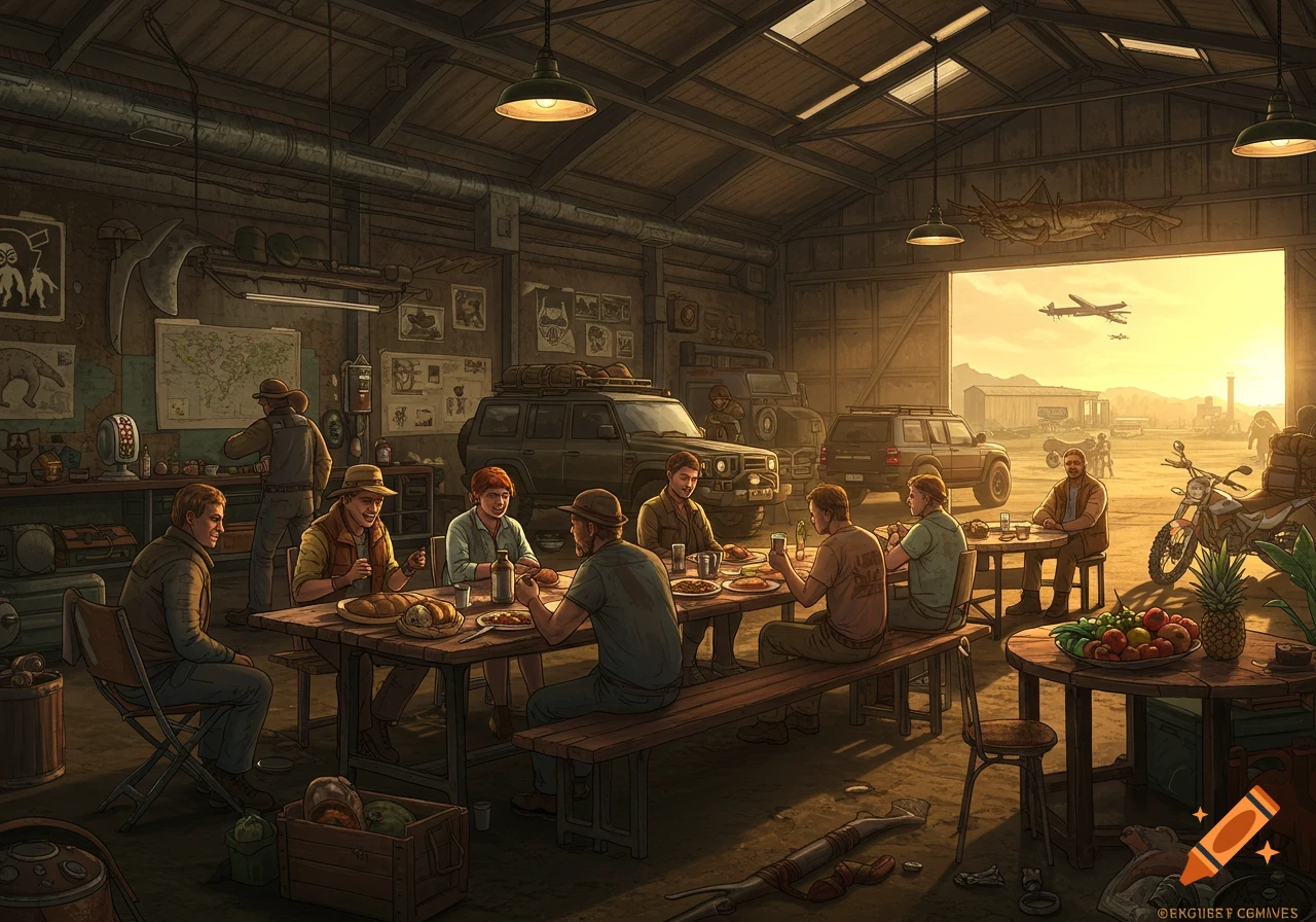 An illustrated scene of several men having dinner at long tables in a repurposed hangar, with SUVs and a motorbike parked inside. Outside, a desert landscape with an airplane flying in the distance and other vehicles under a warm sunset glow.