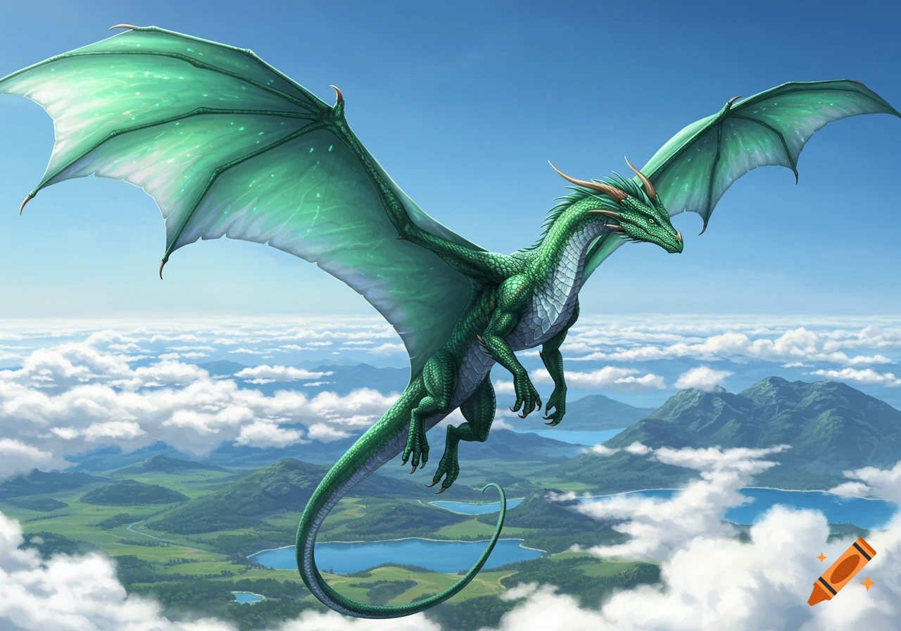 A majestic green dragon with shimmering wings soars above a verdant landscape of hills, lakes, and clouds under a clear blue sky.