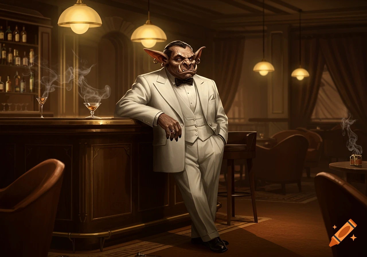 A hobgoblin in a white suit and bow tie leans casually on a dark wood bar in a dimly lit, elegant lounge.