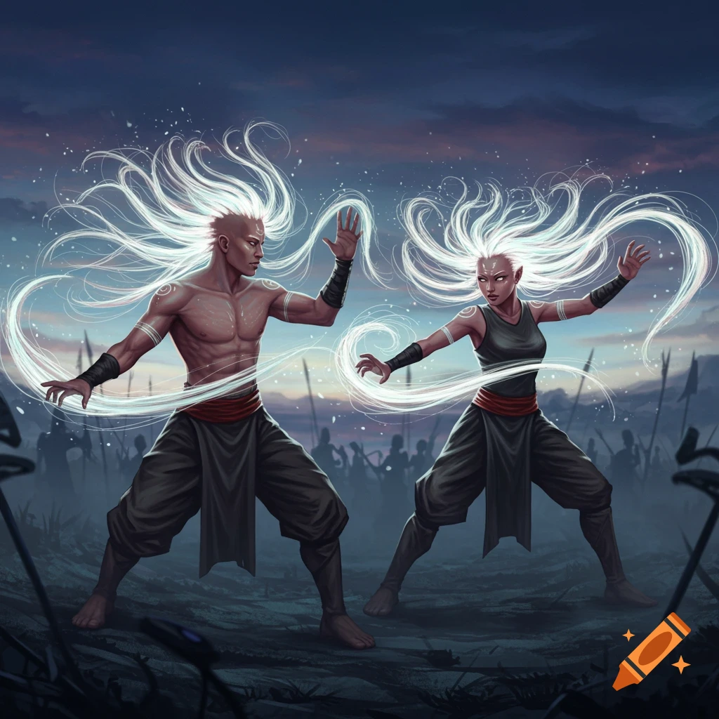 Fantasy illustration of a male and female figure with glowing white, flowing hair, in dynamic stances, against a dark, cloudy battlefield background.