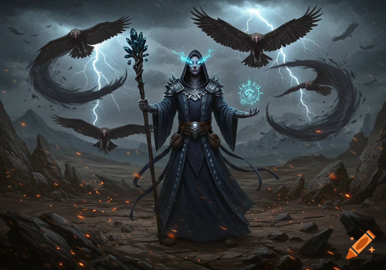 A dark robed wizard with glowing blue eyes and a staff stands amidst lightning and flying vultures in a desolate, fiery landscape.