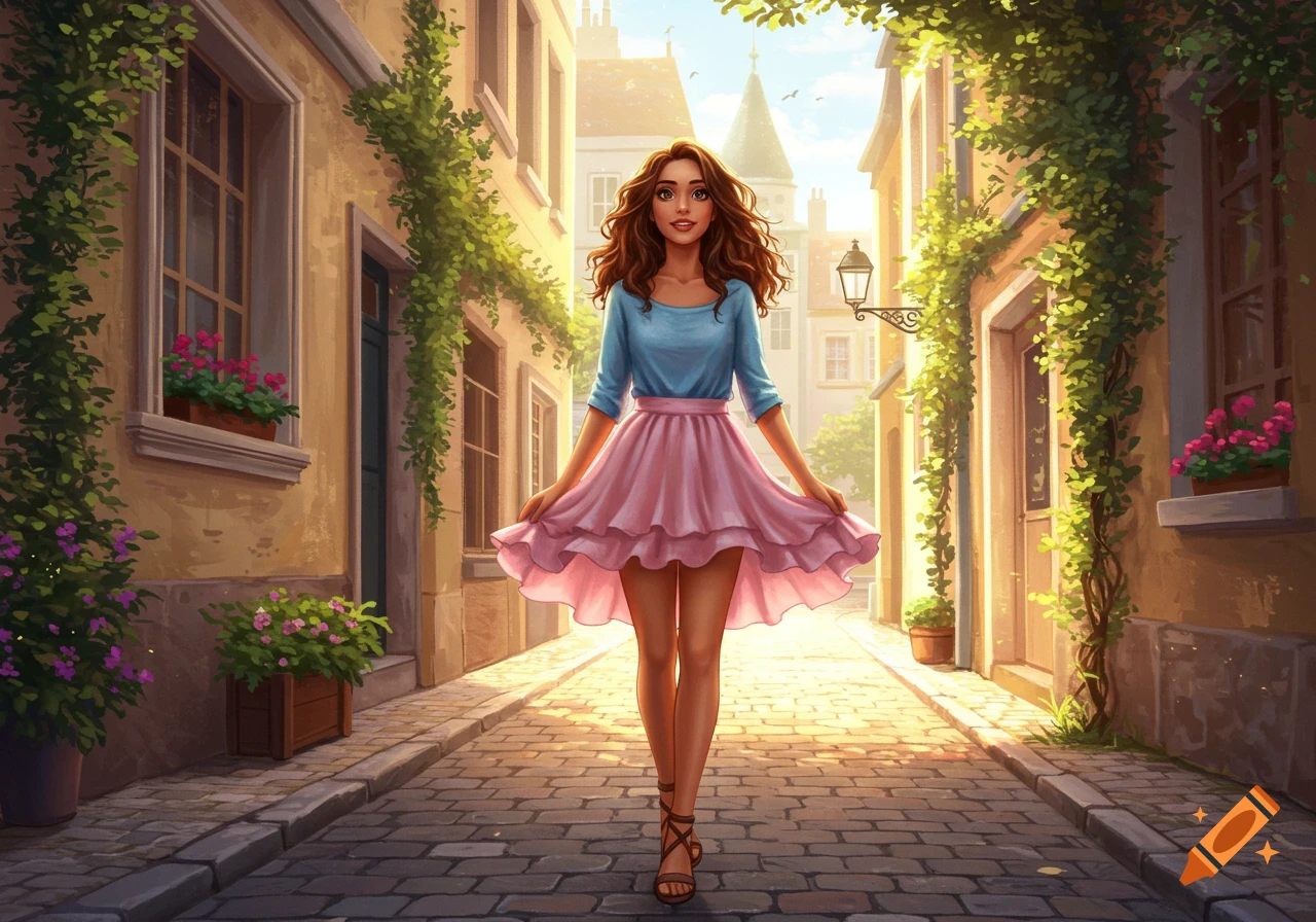 An illustrated young lady with brown hair in a blue top and pink frilly skirt walks down a sunlit cobbled street lined with vine-covered buildings.