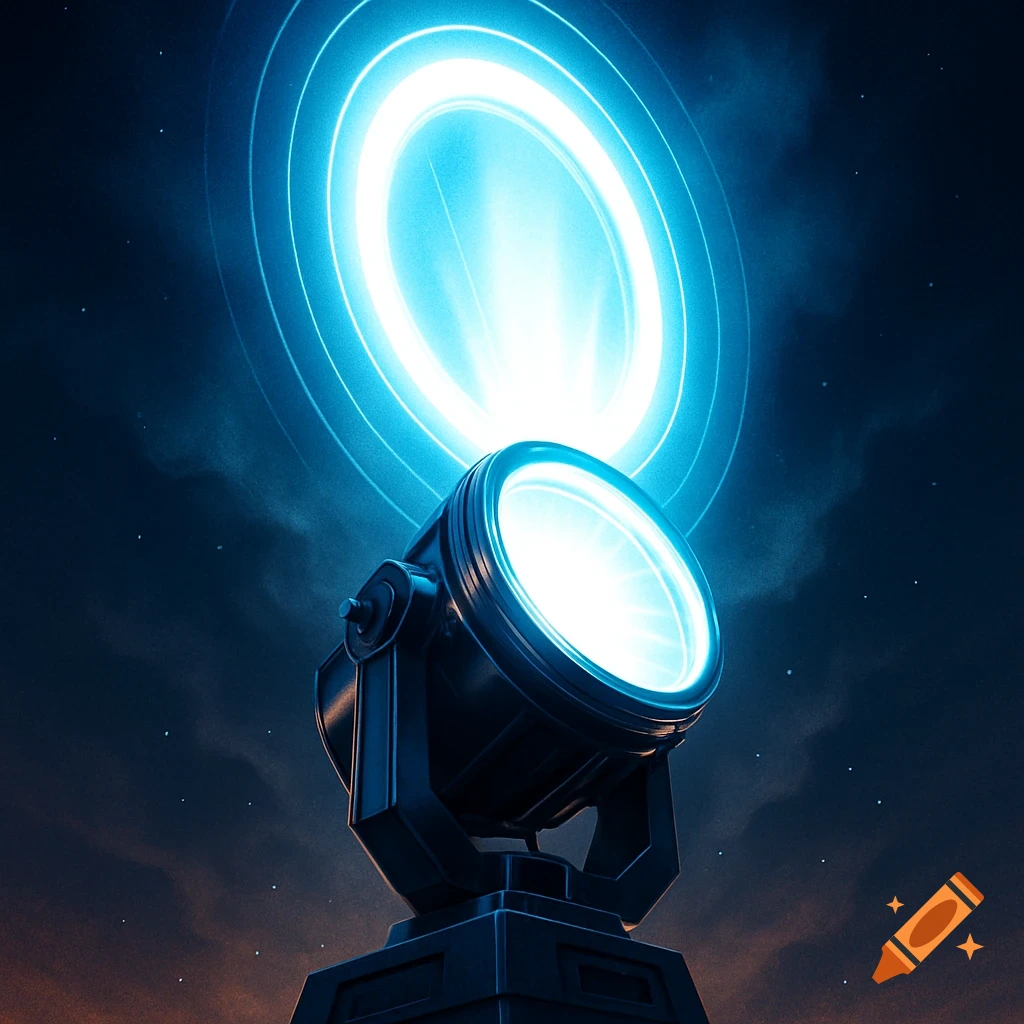 A powerful blue spotlight shines upwards into a dark, starry night sky with glowing concentric rings.