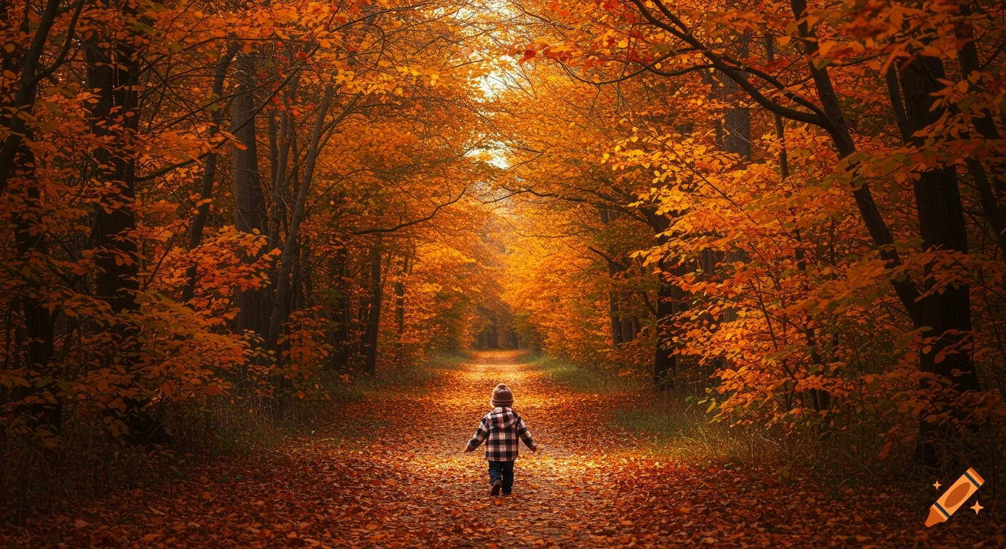 A small child walks down a path covered in vibrant orange and red autumn leaves in a dense forest, photorealistic.