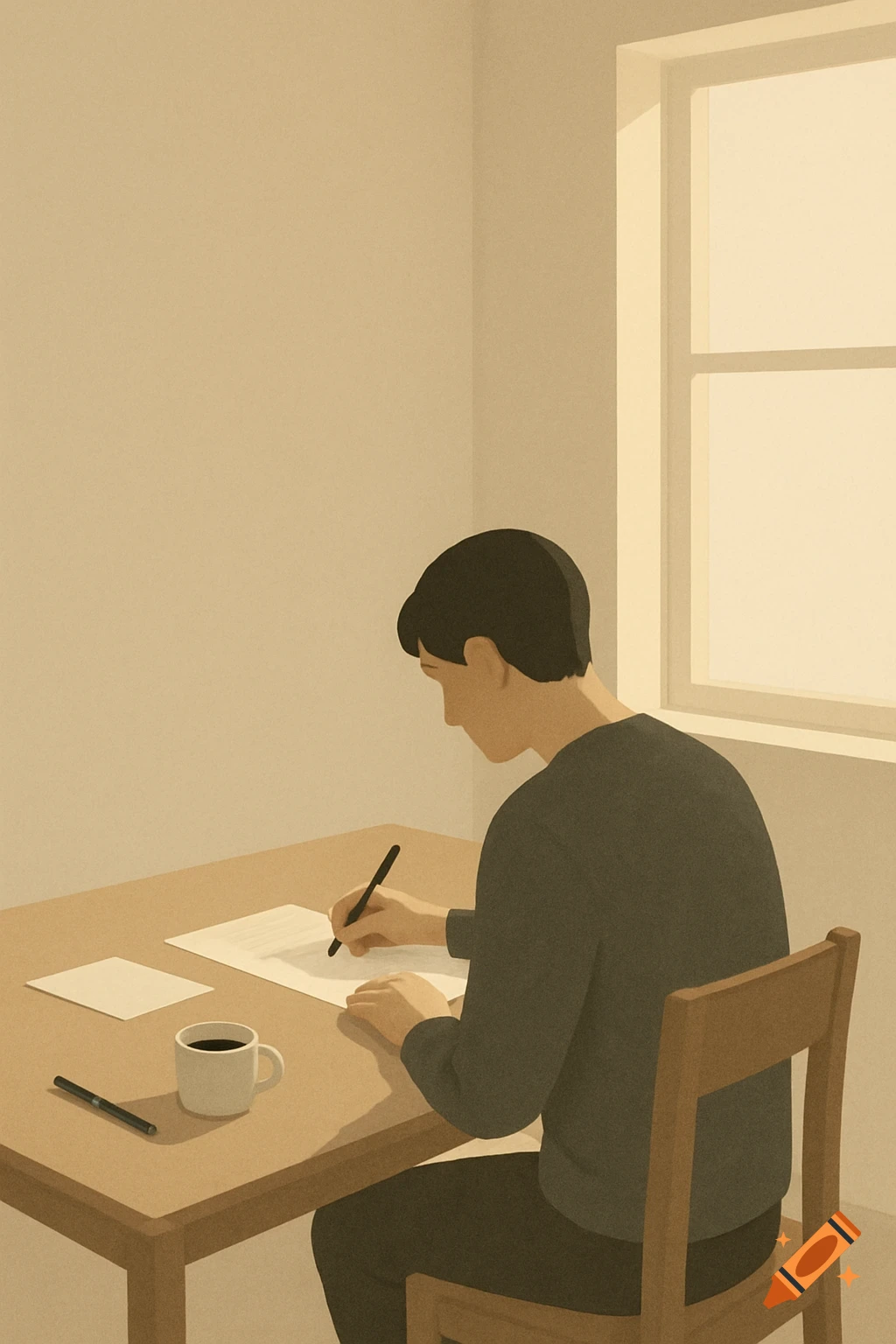 Minimalist illustration of a person in a dark sweater writing at a wooden desk by a window, with a cup of coffee and a pen.