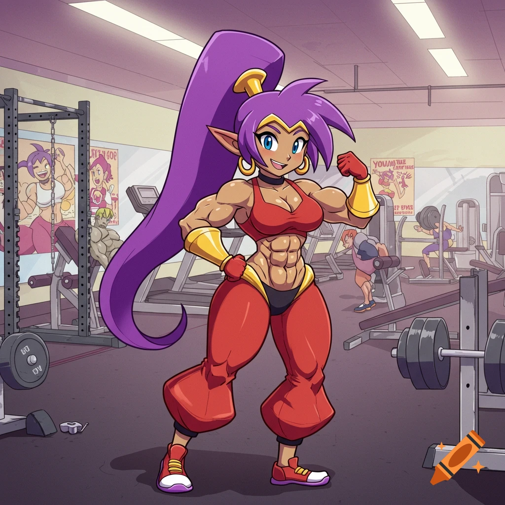 A muscular, purple-haired cartoon genie character, Shantae, flexes in a gym.
