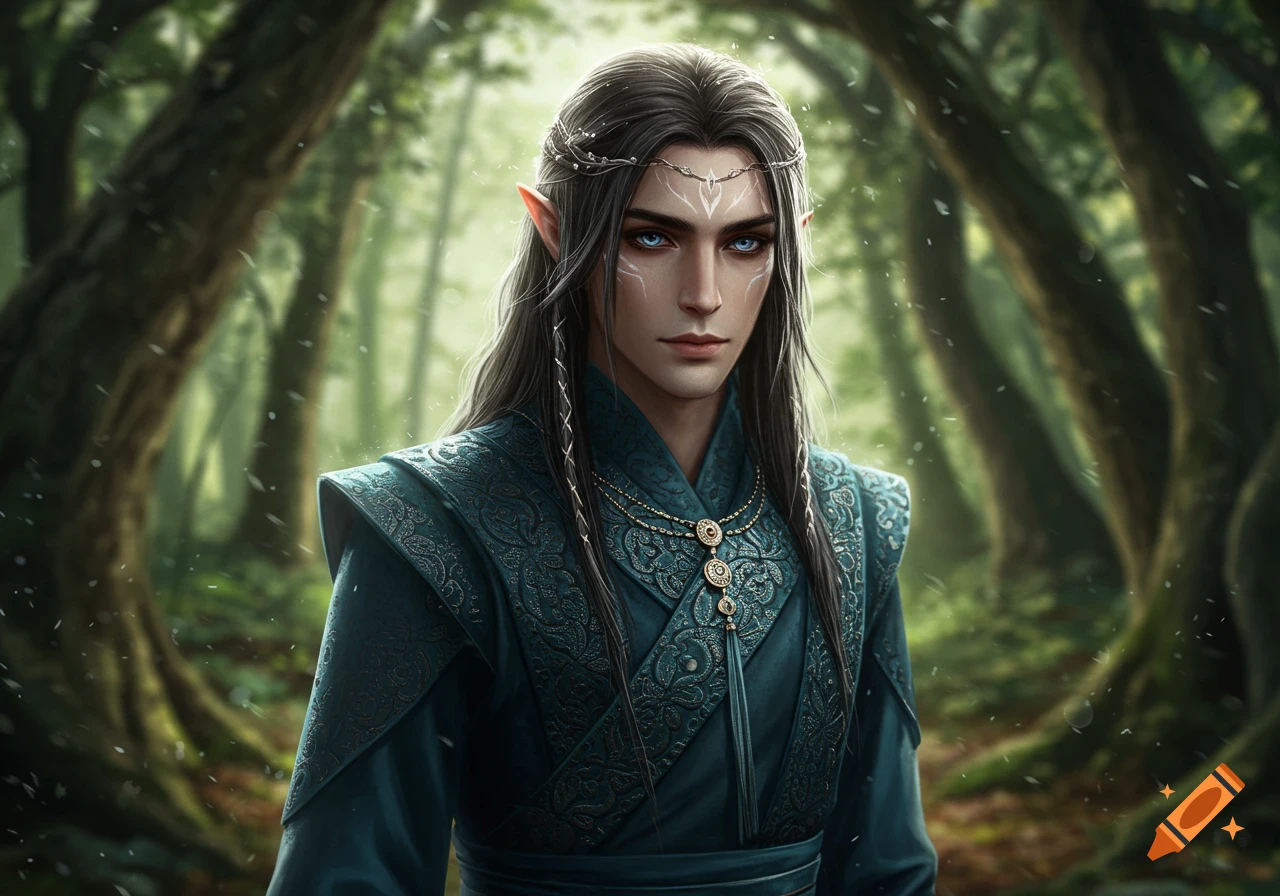 An elven man with long dark hair and blue eyes, wearing ornate teal clothing and a silver headpiece, in a magical forest.