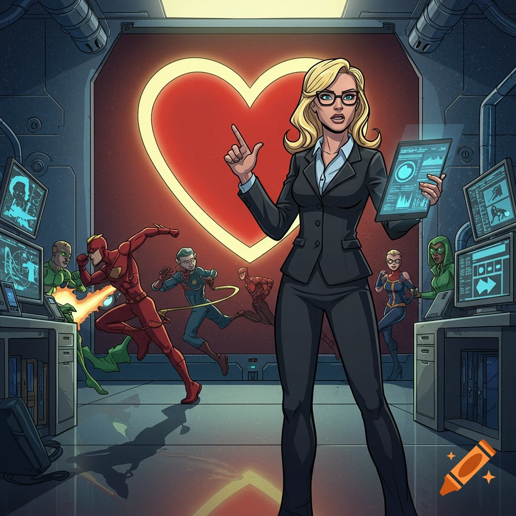 A blond woman in a business suit points while holding a tablet in a sci-fi lab with a glowing heart symbol and superheroes running in the background, in a 2D comic style.